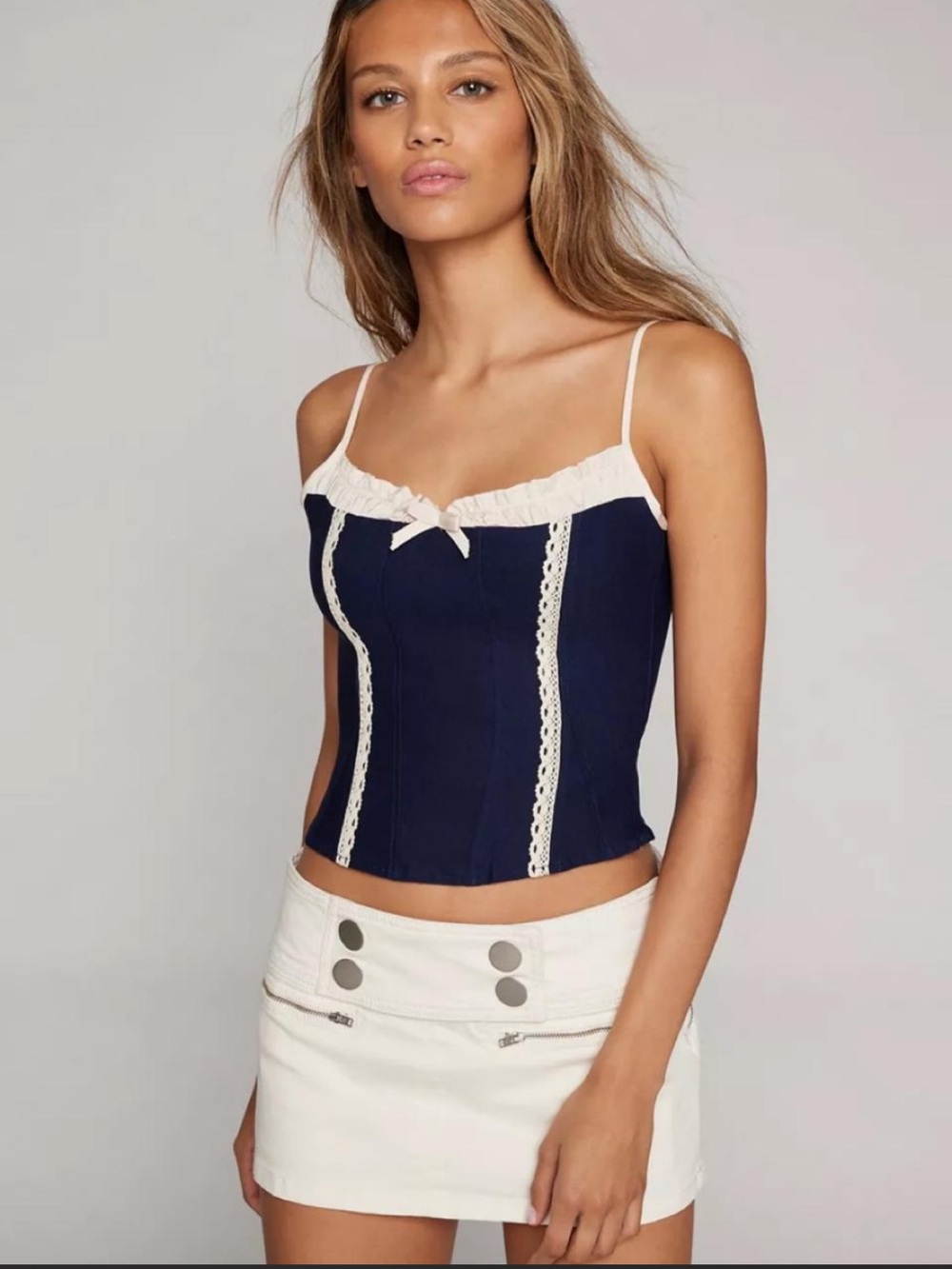 Motel rock Alexa top corset Navy Blue Lace-Trim Cami Top with Cream Details